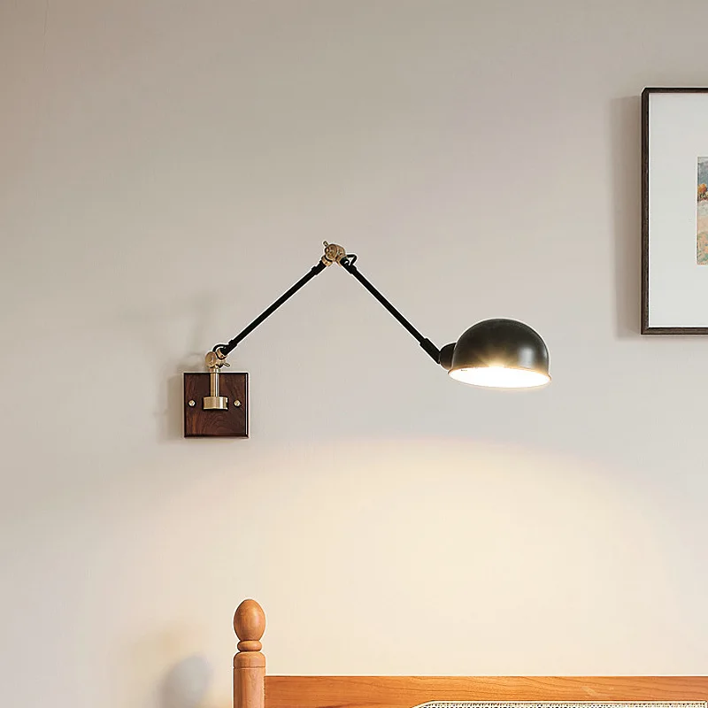 Nordic Wooden LED Wall Light Fixtures Adjustable Swing Arm Wall Lamps Reading Bedside Loft Style Retro Lights Extendable Fexible