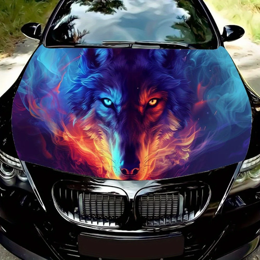 Autocollant d'enveloppe en vinyle pour capot de moteur de voiture, tête de loup en flamme double couleur puissant et frais, Protection extérieure automobile, auto-adhésif étanche