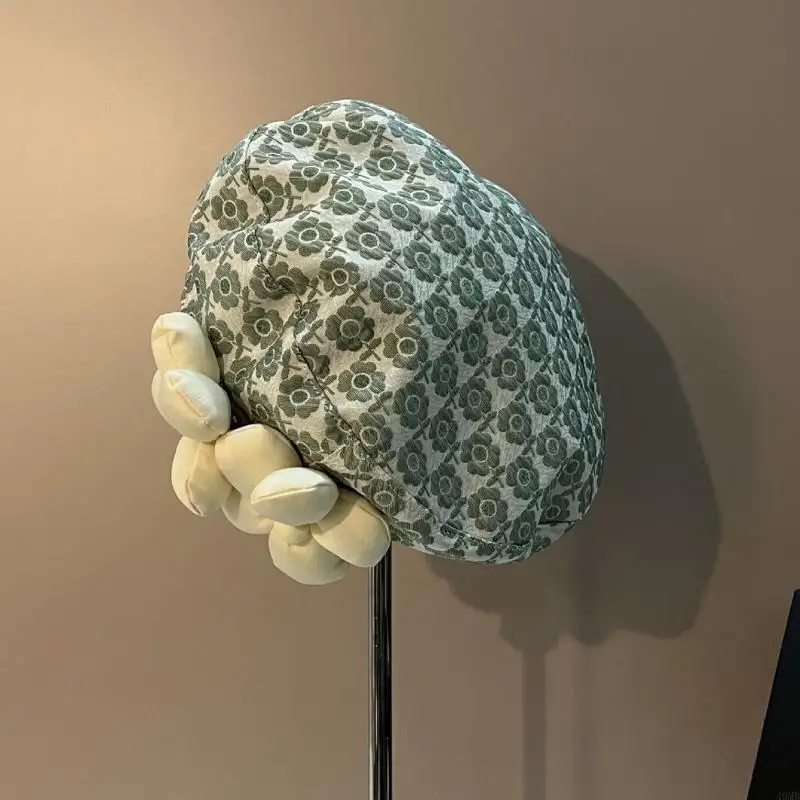 قبعة بيريه بسيطة قبعة فرنسية مع قبعة صغيرة على شكل زهور ثلاثية الأبعاد هدية للنساء والفتيات 49 ميجابايت #3