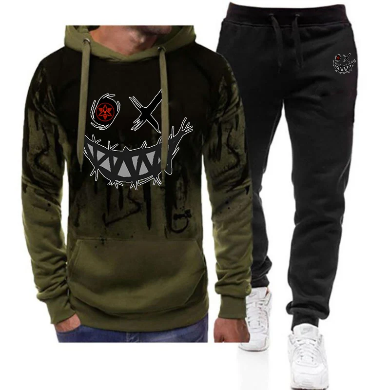 2025 Devil's face HAHAHA Print Men's New Spring Autumn Gradient Color Casual Two Pieces Set Sportswear+Sweatpant Fashion Suit