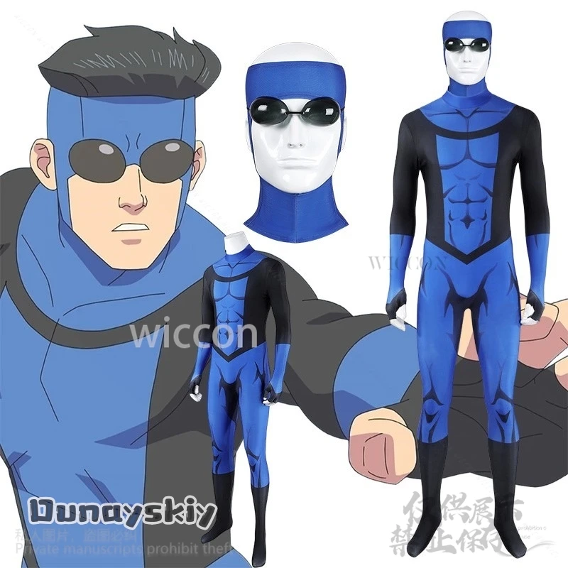 

Anime Invincibeee Cosplay Markgraysonn Costume Blue JumpOutfit BodyOutfit Battle Uniform Mask Glasses Punk Man Customized