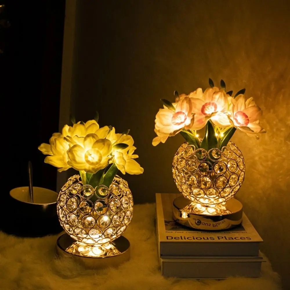 LED Flower Pot Lamp 3 Colors Pineapple Ornament Crystal Atmosphere Light Gift with USB Charge Simulation Flower Nightlight