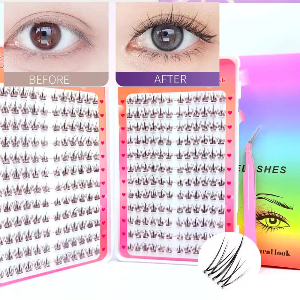 Kein Kleber, Sonnenblumen-Wimpernverlängerungsset, 288 Cluster, 24 Reihen, einzelne Wimpern mit Pinzette