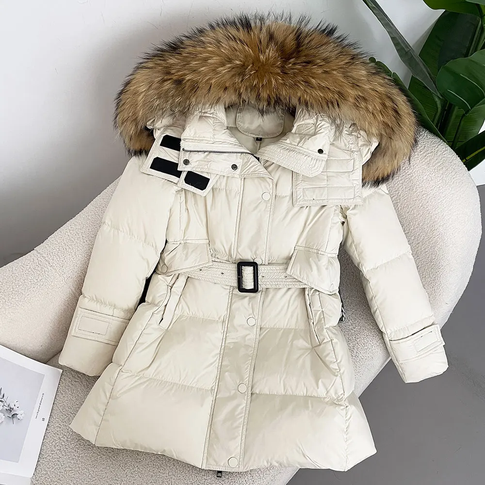 جاكيت بغطاء رأس من فرو الراكون والثعلب الطبيعي للنساء ، معطف سميك دافئ ، جاكيت منتفخ طبيعي ، بطة بيضاء ، حزام ، جديد ، شتاء ،
