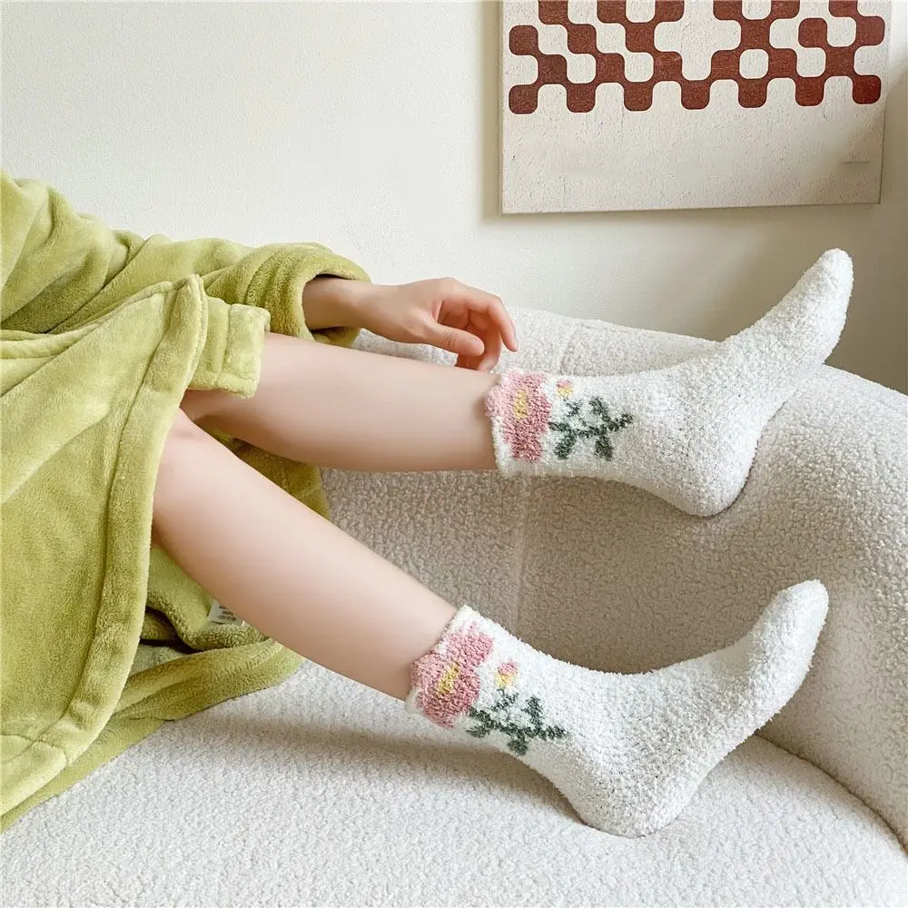

6Pairs Sweet Thickened Coral Fleece Socks Flower Winter Floor Plush Socks Sleeping Hosiery Warm Socks Women For Female Men
