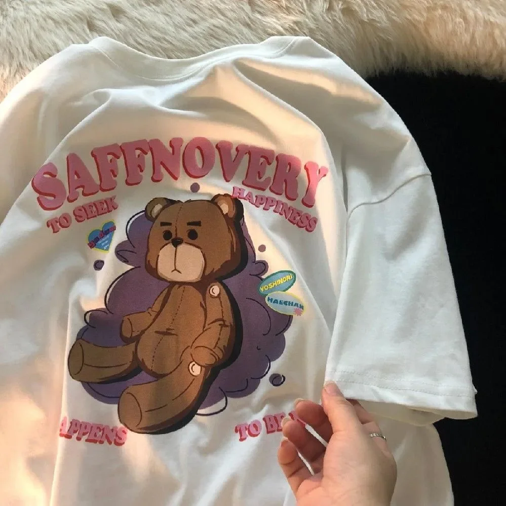 

Korean Version Pure Cotton Summer Short Sleeved T-shirt for Men and Women Cartoon Teddy Bear Loose and Versatile Couple Top