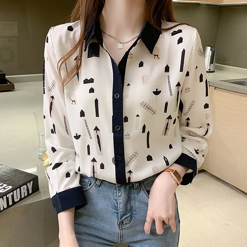 Real Shooting of New Version Versatile Color Blocked Printed Long Sleeved Chiffon Shirt Women's Base Chiffon Shirt Top