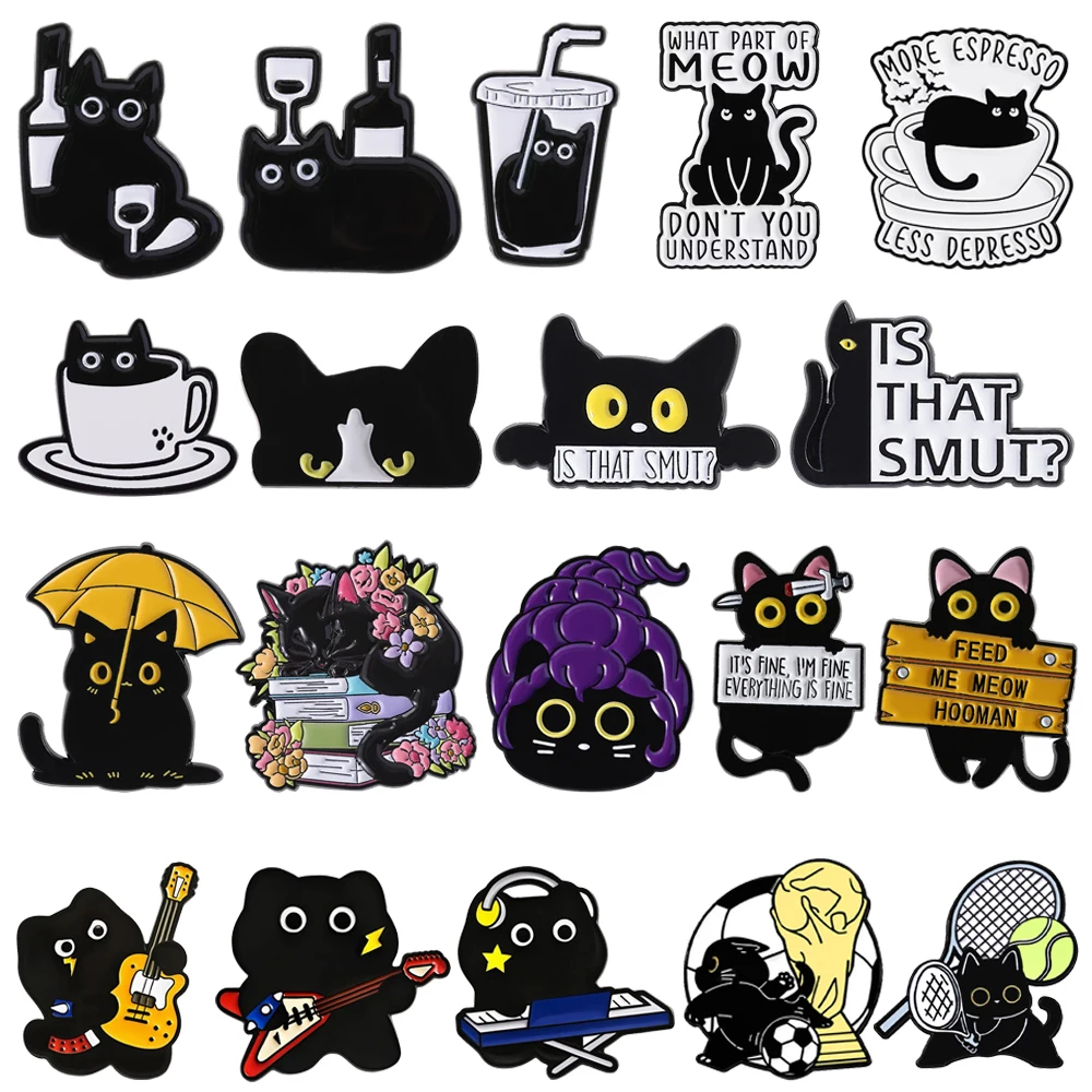 

Cute Black Cat Enamel Pins Creative Drink Coffee Wine Fire Knife Music Guitar Cats Lapel Badges Backpack Jewelry Gifts For Kids