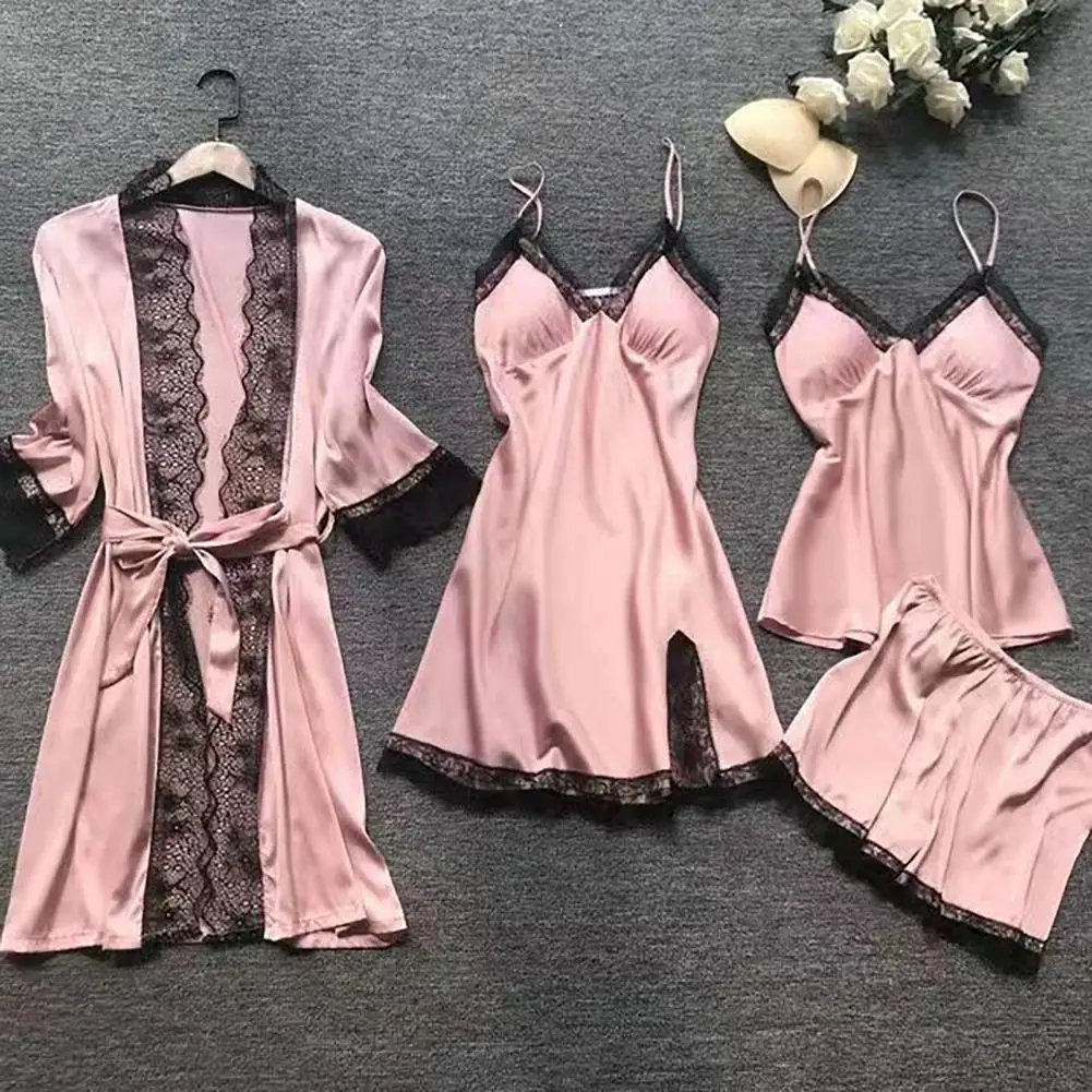 Ensemble de pyjama en dentelle pour femme, bretelles en fibre, vêtements de nuit sexy, lingerie courte, vêtements de nuit élégants, 4 pièces