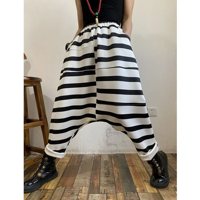 2024 Spring New Loose and Fashionable Black and White Striped Hanging Crotch Pants for Women with Wide Legs Showing Thin Pants