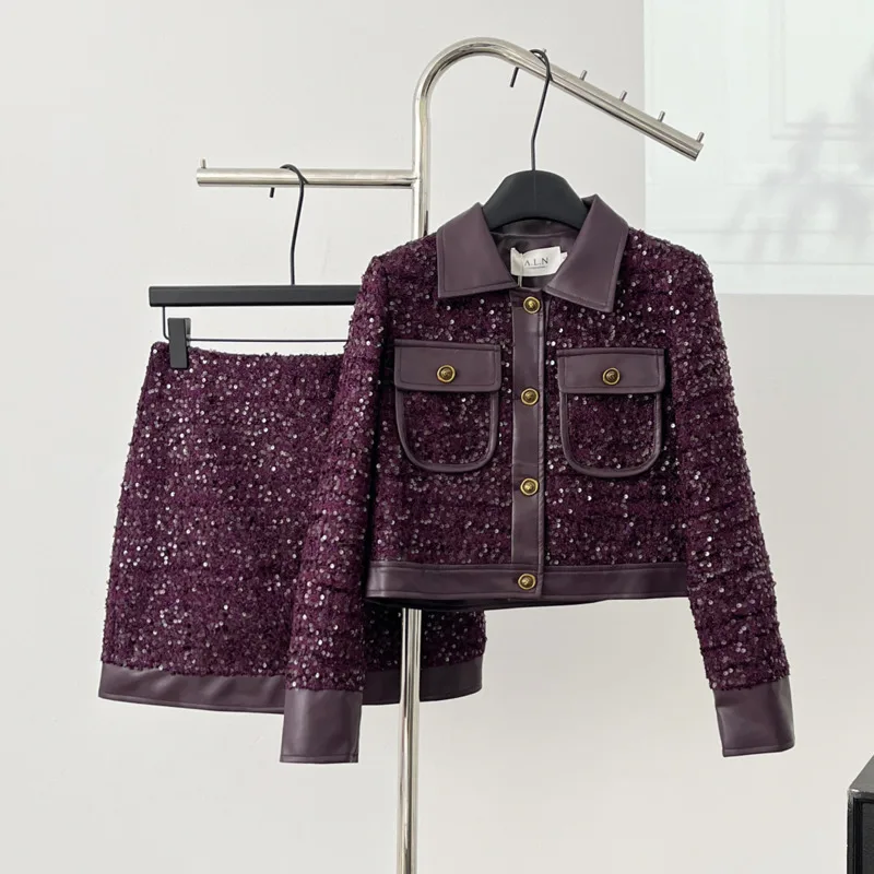 عالية الجودة الفرنسية خمر تويد قطعتين مجموعة المرأة سترة معطف + تنورة قصيرة الدعاوى Conjuntos Femininos فرقة 2 قطعة فام #5