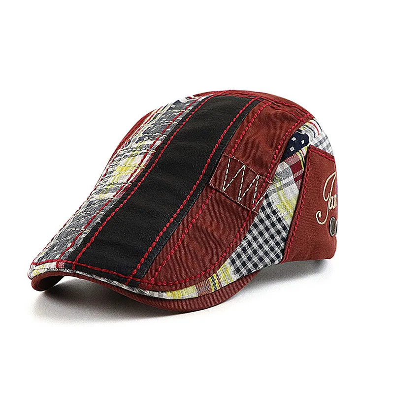 Retro Plaid Patchwork Berets Hat for Women Men Twill Herringbone Outdoor Hat Flat Cabbie Ivy Cap Peaked Hat Gatsby Newsboy Cap