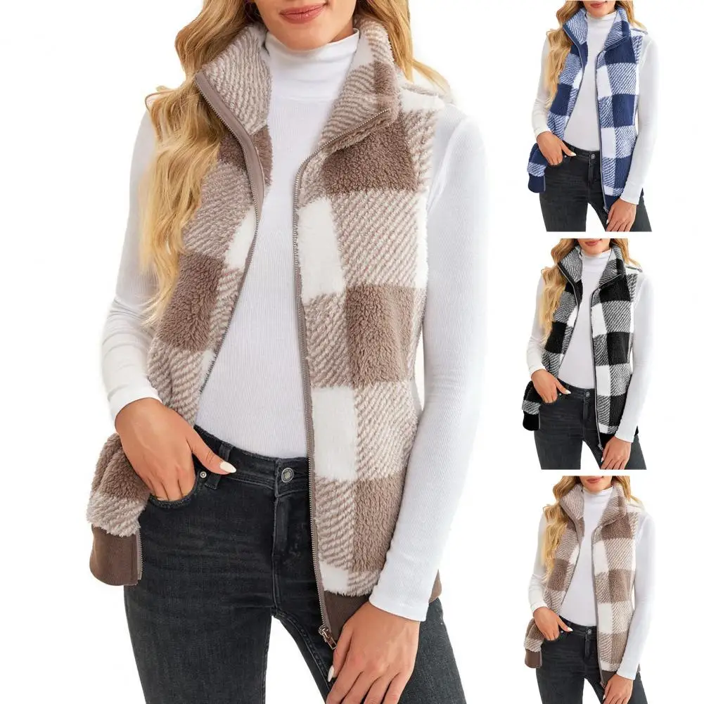 Autumn Winter Plaid Fleece Hoodie Vest Women's Cardigan Fashion Stand Collar Simple Casual Pocket Sleeveless Female Office Coat