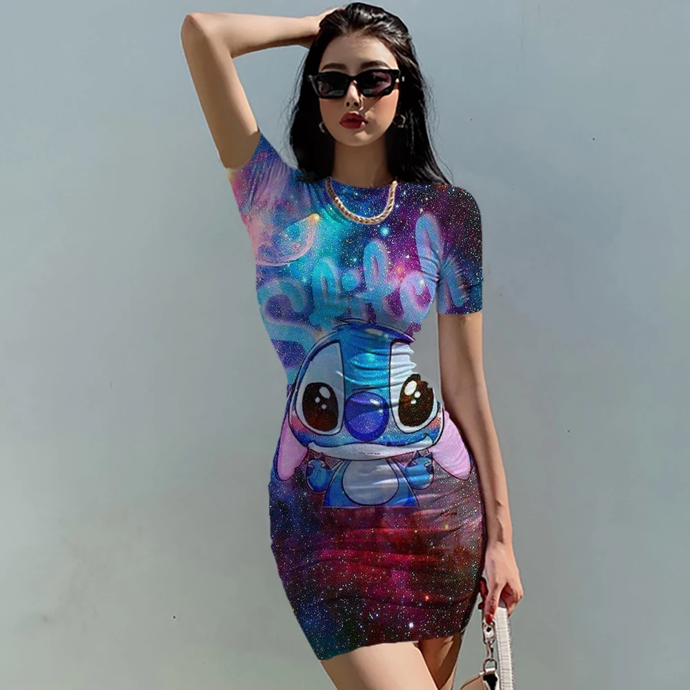 Disney stich Frauen Kurzarm Kleid Sommer Lässige Mode Kleid Stilvolle Stretchy Kleid Sexy Bodycon Party Kleidung