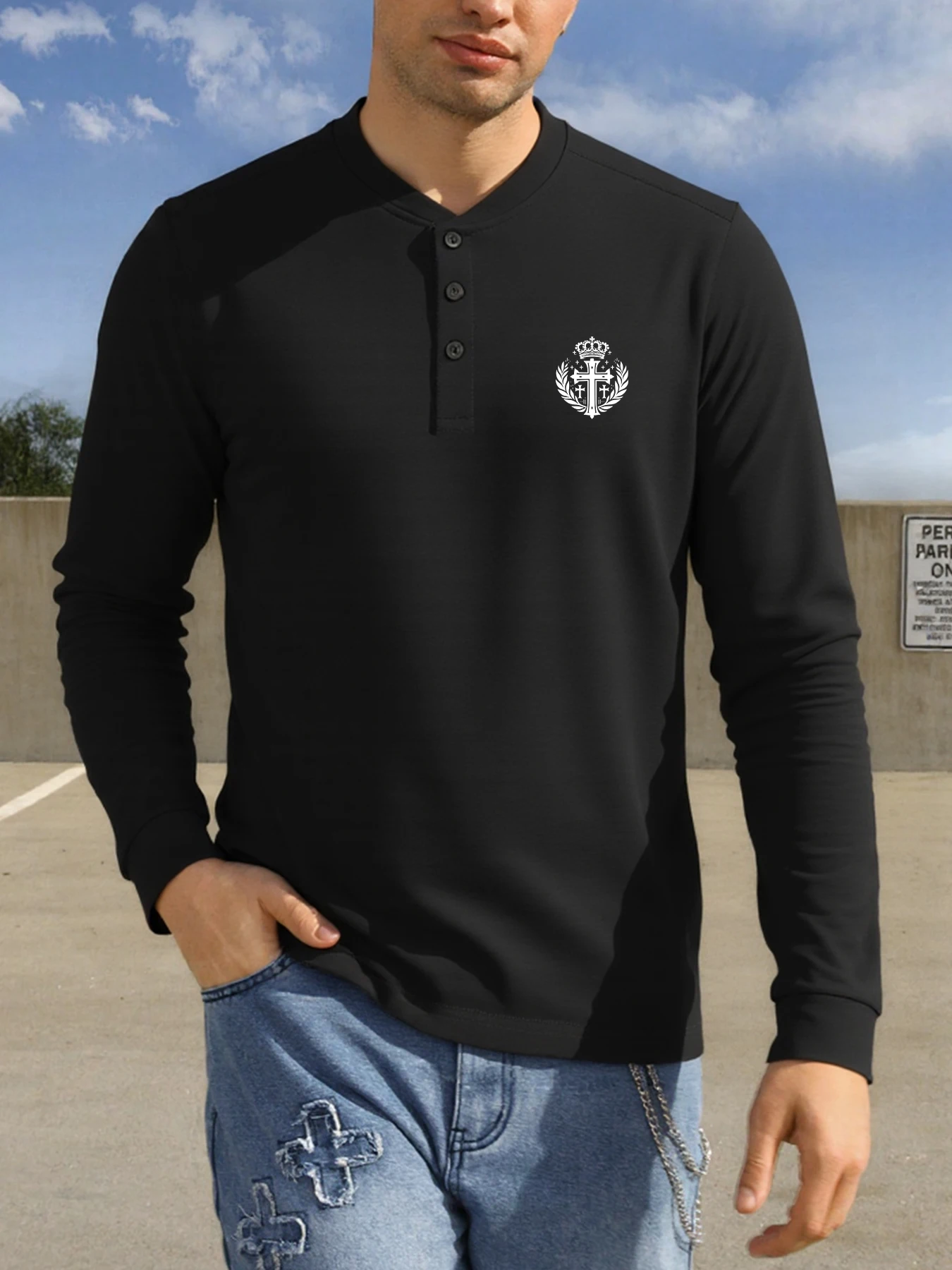 تي شيرت للرجال تاج طباعة الرجال تي شيرت مريح تمتد القمصان العصرية متعدد الألوان المحملة بأكمام طويلة زر هينلي قميص للرجال