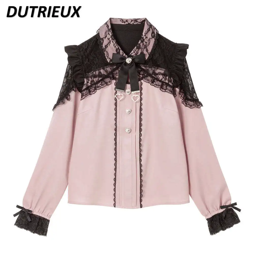 Sweet Japanese Shirt Women Lace Lolita Shirts Heavy Industry Drill Buckle Exquisite Bow Long Sleeve Top Free Shipping Blouses