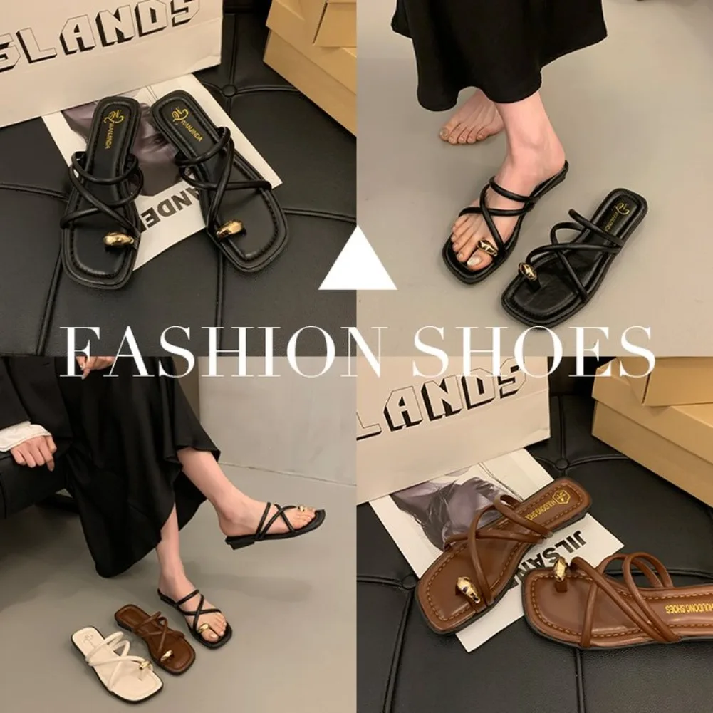 Stylische Damen-Sandalen mit Kreuzriemen, bequeme, leichte Zehenriemen-Strandschuhe mit lässigem, einfarbigem Design für den Sommer – Detail 2