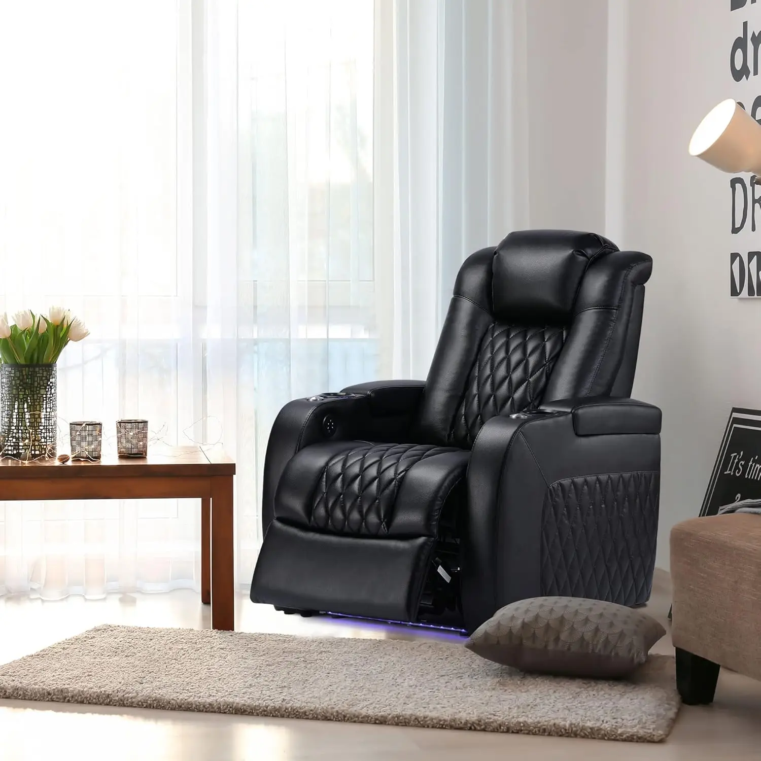 Grain Leather Recliner Chair Dual Power Movie Gaming Sofa Electric Headrest with Tray Table Type-C USB Charge Cup Holders Black