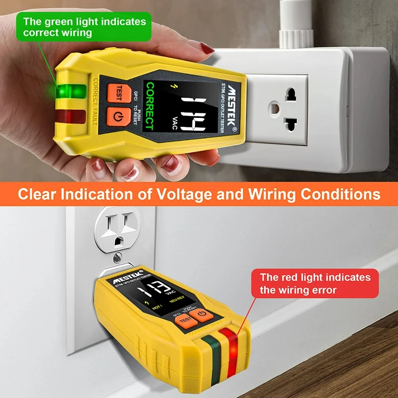 ST06 GFCI Outlet Tester Color Screen Digital Socket Tester US Plug Electric Circuit Polarity Voltage Detector Breaker Finder