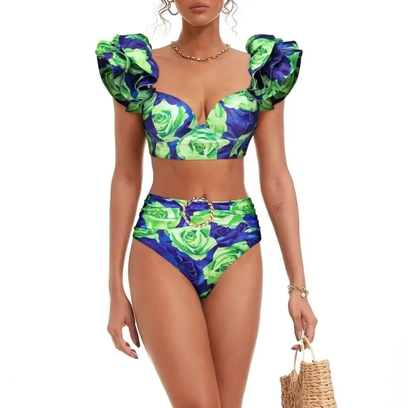 2024 New 3pieces Sets Beachwear for Women Ruffle Strap Push Up Biqunis +Bohemian Dresses Floral Printed Swimwear Monokini