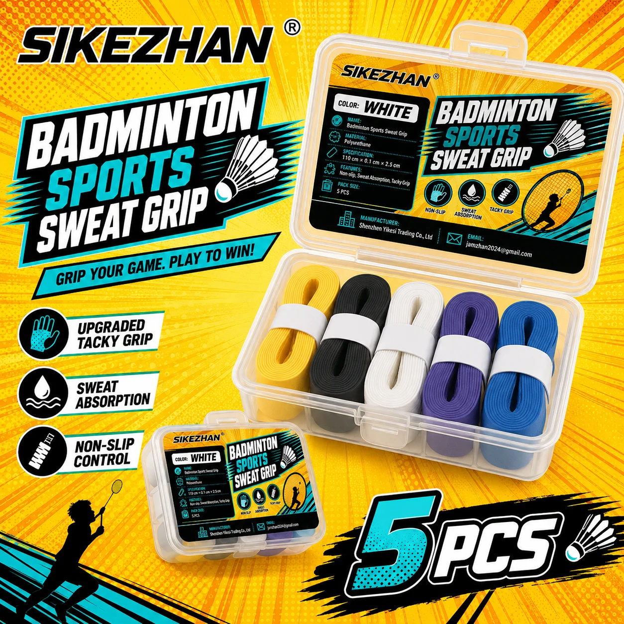 SIKEZHAN Badminton Overgrip 5PCS PU Sweat Grip Tape Non-Slip Tacky Racket Handle Wrap 110cm for Training Matches and Sports Use
