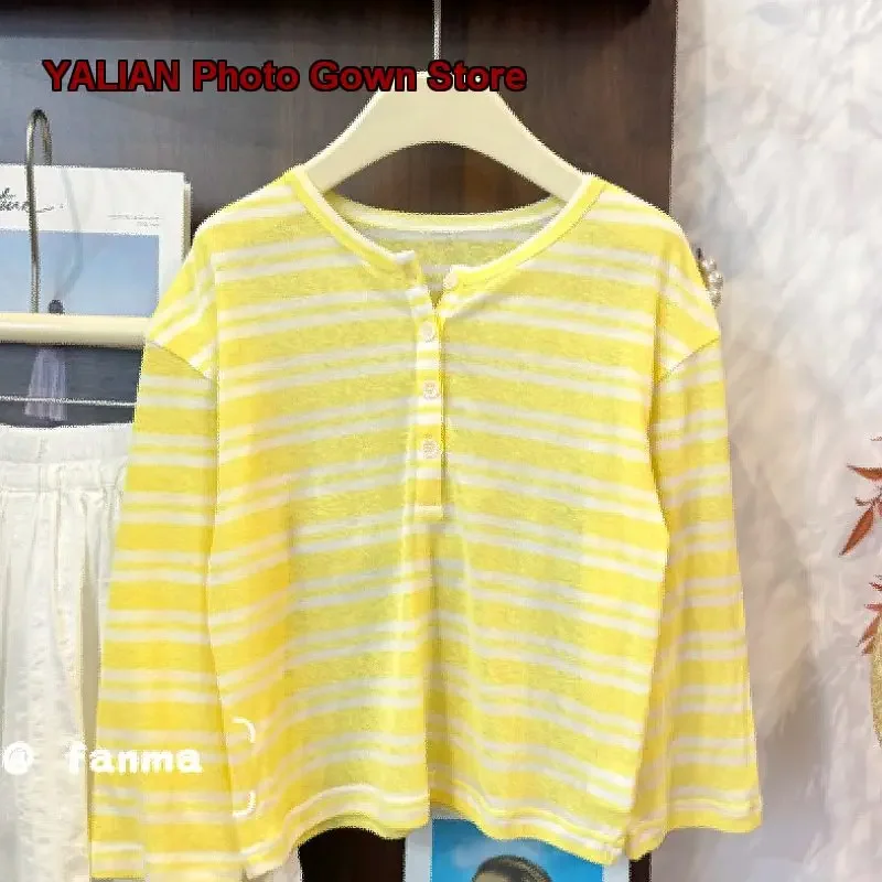 Leomama Sunshine Apricot Striped Breathable Cover-Up Kids Summer Sunscreen Air-Conditioning Knit Top Girls