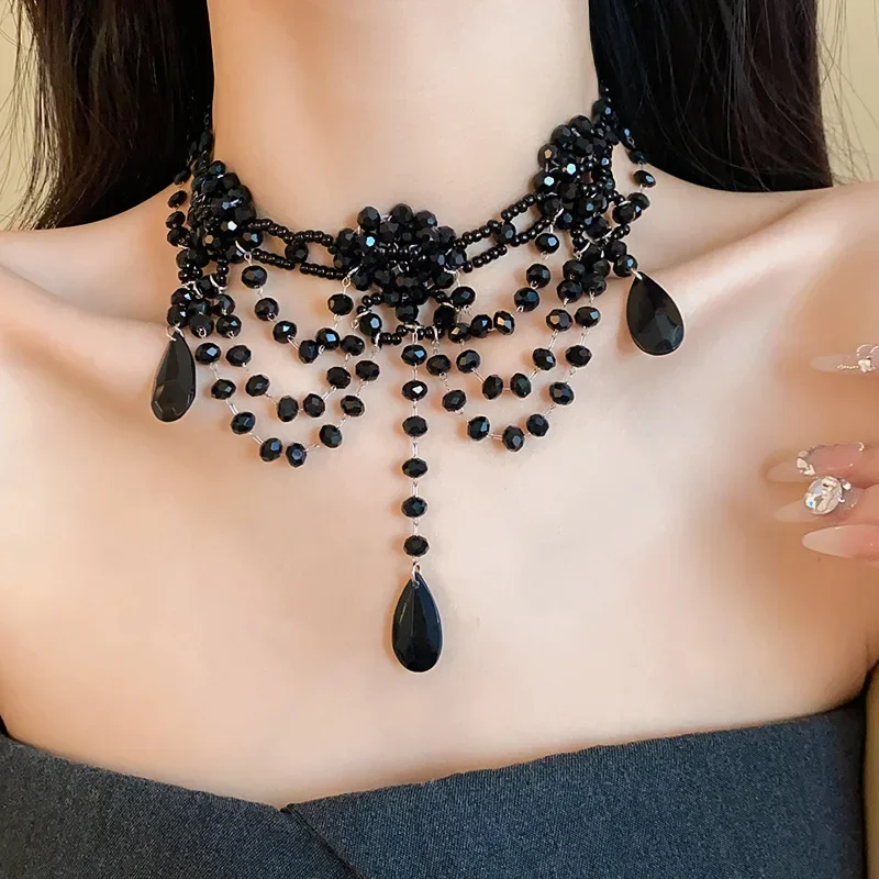 Draweye Multilayered Crystal Necklaces for Women Black Beads Vintage Jewelry Hyperbole Korean Fashion Collares Para Mujer