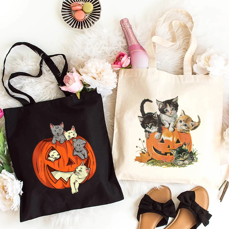 Women Handbags Fashion Halloween Party Canvas Bag Designer Cat Pumpkin Handbag Fashion Halloween Season Shoulder Bag Tote Bag