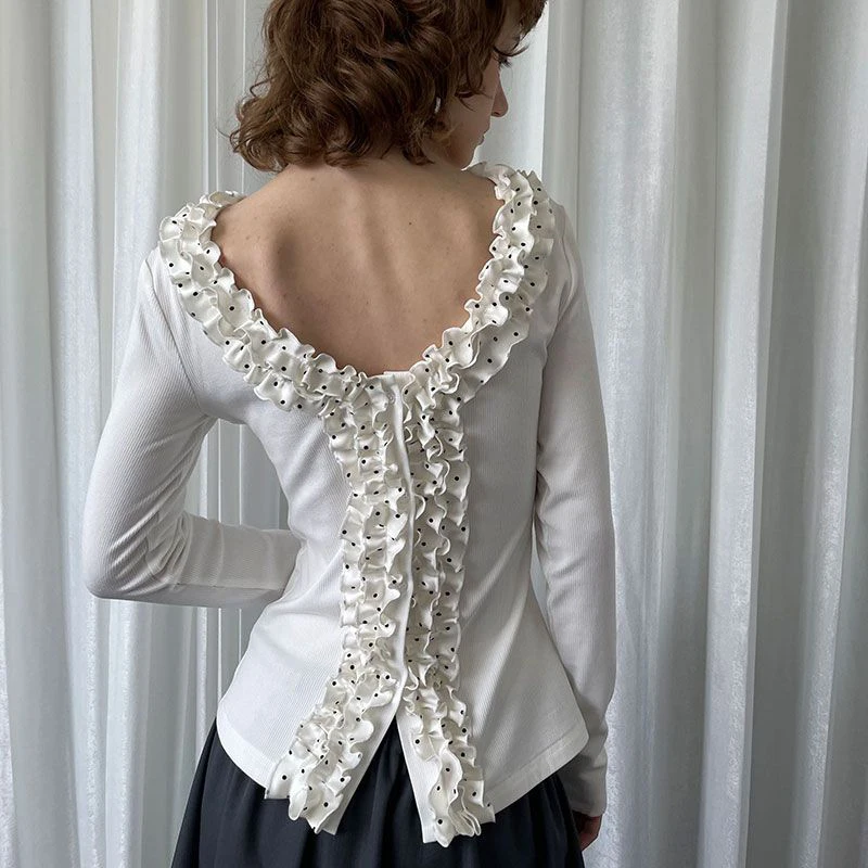 เสื้อยืดแขนยาวทรงเข้ารูปแต่งระบายลายจุดสไตล์หวานซ่อนเปรี้ยวสำหรับผู้หญิง ใส่ได้ทุกโอกาส เหมาะกับฤดูใบไม้ร่วง