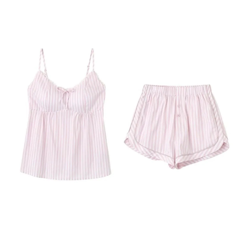

Bowknot Lace Stripe Pajama Suit Sleeveless Loose Camisole Shorts Nightwear Slim Fit Women Sleepwear Two Pieces Pajama Sets Gifts