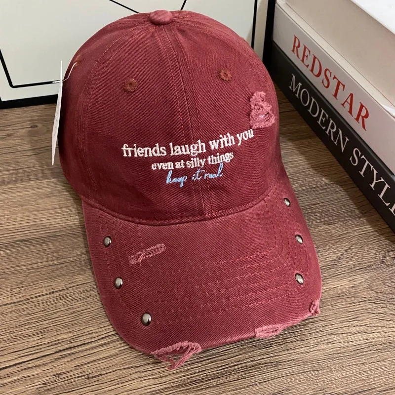 Slogan Embroidered Distressed Unisex Baseball Cap Rivet Frayed Washed Cotton Casual Adjustable Streetwear Dad Hat for Women Men