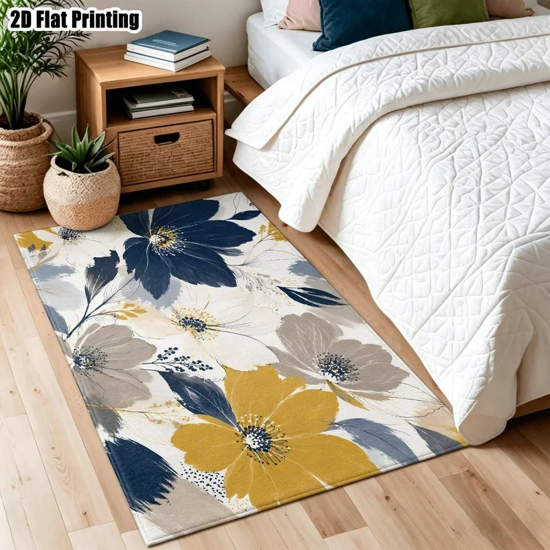 Large Indoor Area Rug, Soft Velvet Low Pile Machine Washable, Abstract Floral Navy Blue Mustard Beige Pattern Floor Rug for Living Room, Bedroom, Entryway, Home Decor