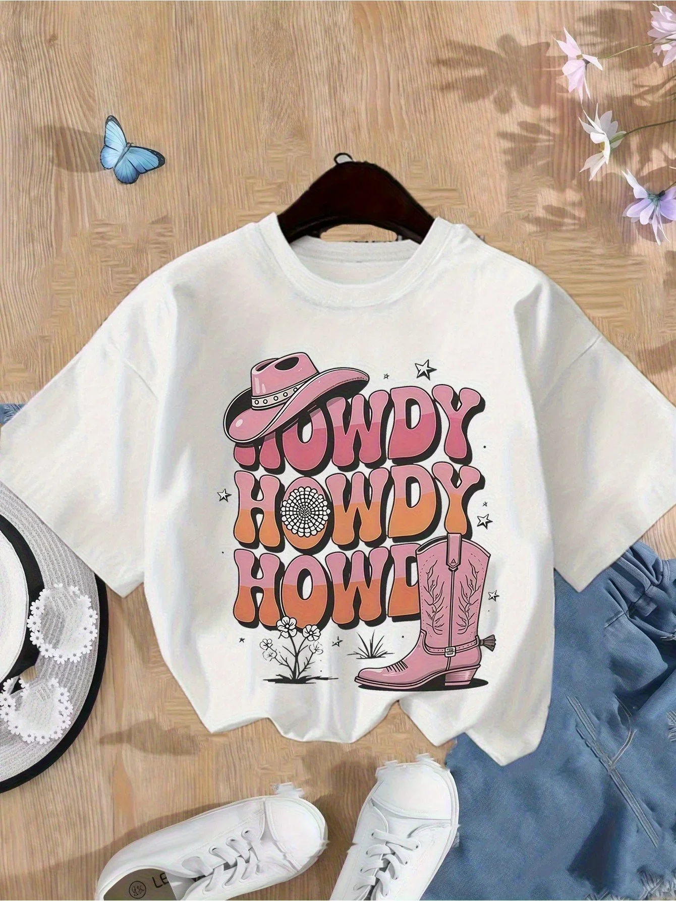 Little Girls Casual Short Sleeve Tee Western Howdy Print Cowboy Boots Crew Neck Fashion Daily Wear Tops