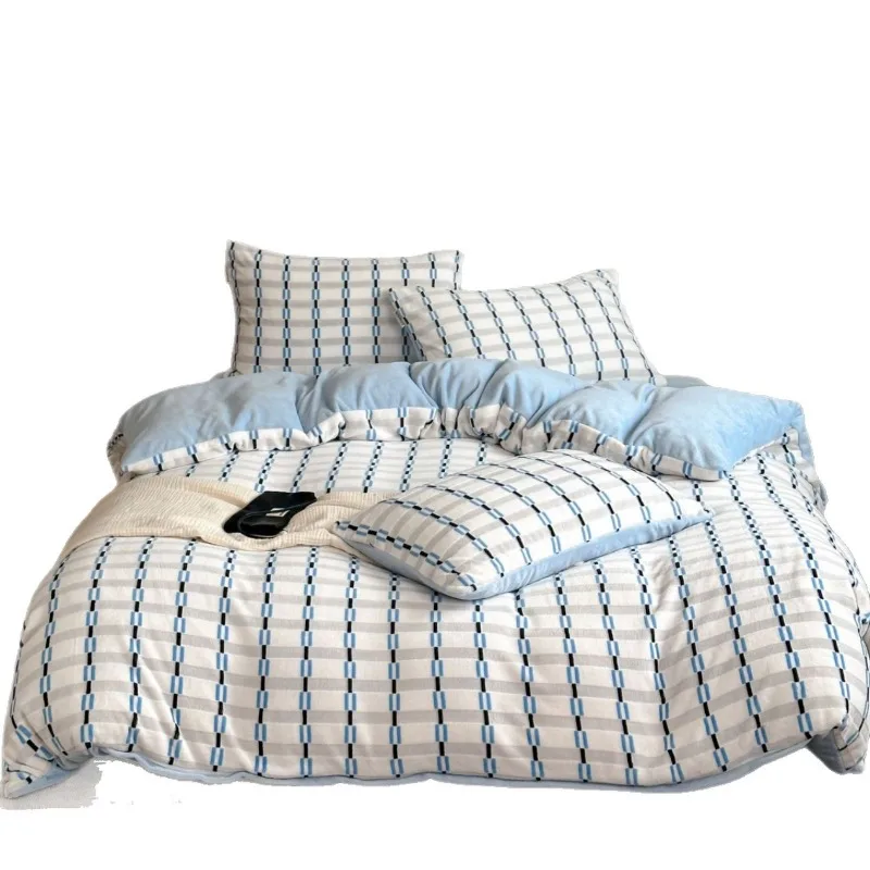 

Simple checkered striped thickened milk fleece four-piece set, casual and lazy, small fresh and warm sheets