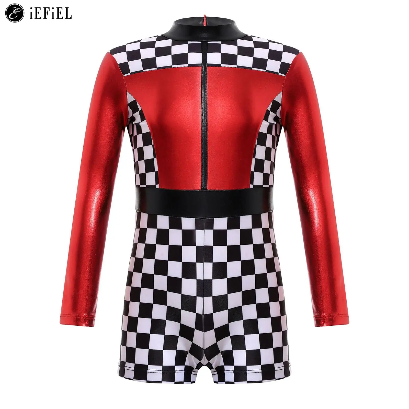 

Kids Girls Race Car Driver Costume Long Sleeve Checkerboard Jumpsuit Leotard for Racer Halloween Party Role Play Fancy Dress Up