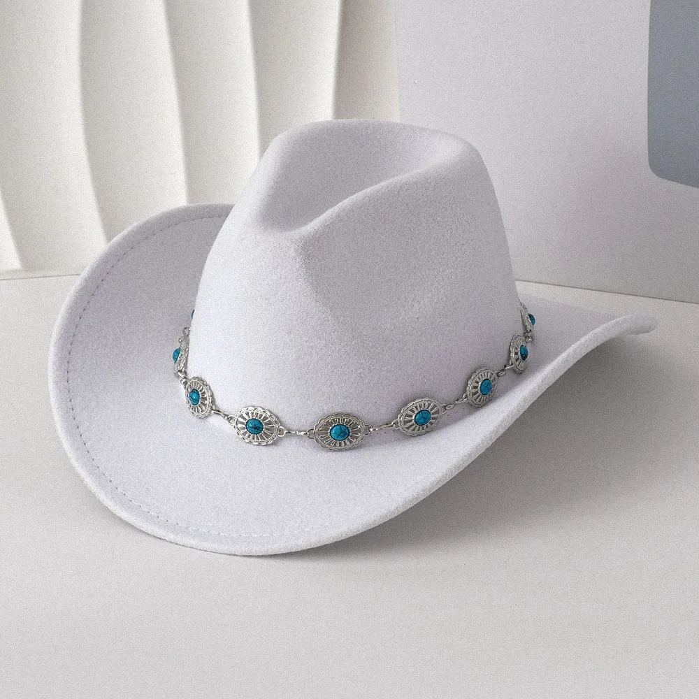 Turquoise Cowboy Hat Metal Chain Decor High Crown Felt Fedora Hat Unisex Wide Curved Brim Wide Brim Hat for Party Travel Costume