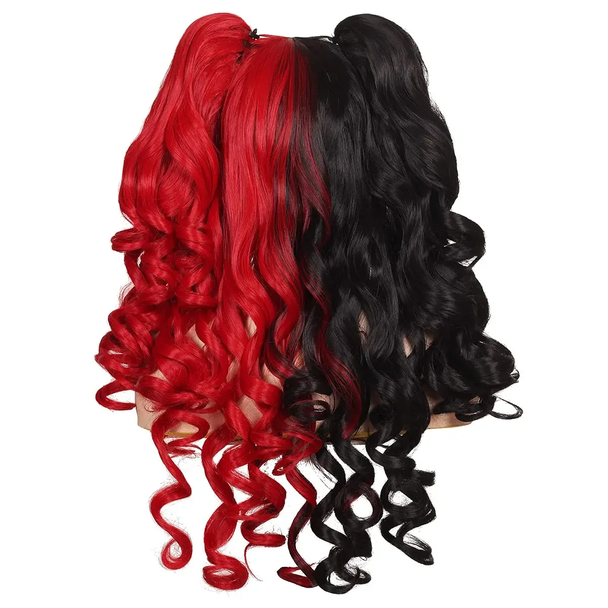 Kyo-Perruque Cosplay Longue Bouclée avec 2 Queues de Cheval pour Femme, Cheveux Moitié Noirs et Moitié Rouges pour Harley Quinn