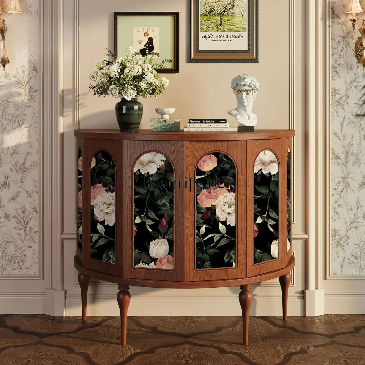 

French Floral Solid Wood Entryway Cabinet Vintage Half Round Six-Sided Cabinet Living Room Storage Decorative Cabinet