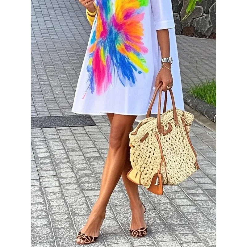 Tinaa Office Lady Plus Size Dresses 2025 Spring Autumn Print Turn Down Collar Half Sleeve Loose Casual Shirt Dress Lady 183408