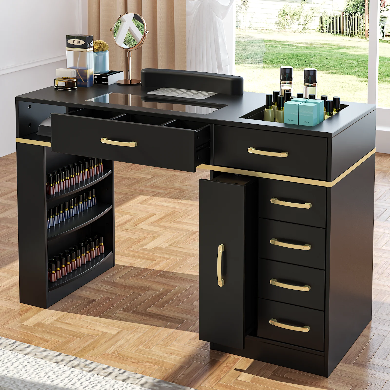 3-Tiers Open Shelves, Nail Beauty Nail Tech Table with Dust Collector, Glass Top Manicure Table Nail Desk Station W/7 Drawers