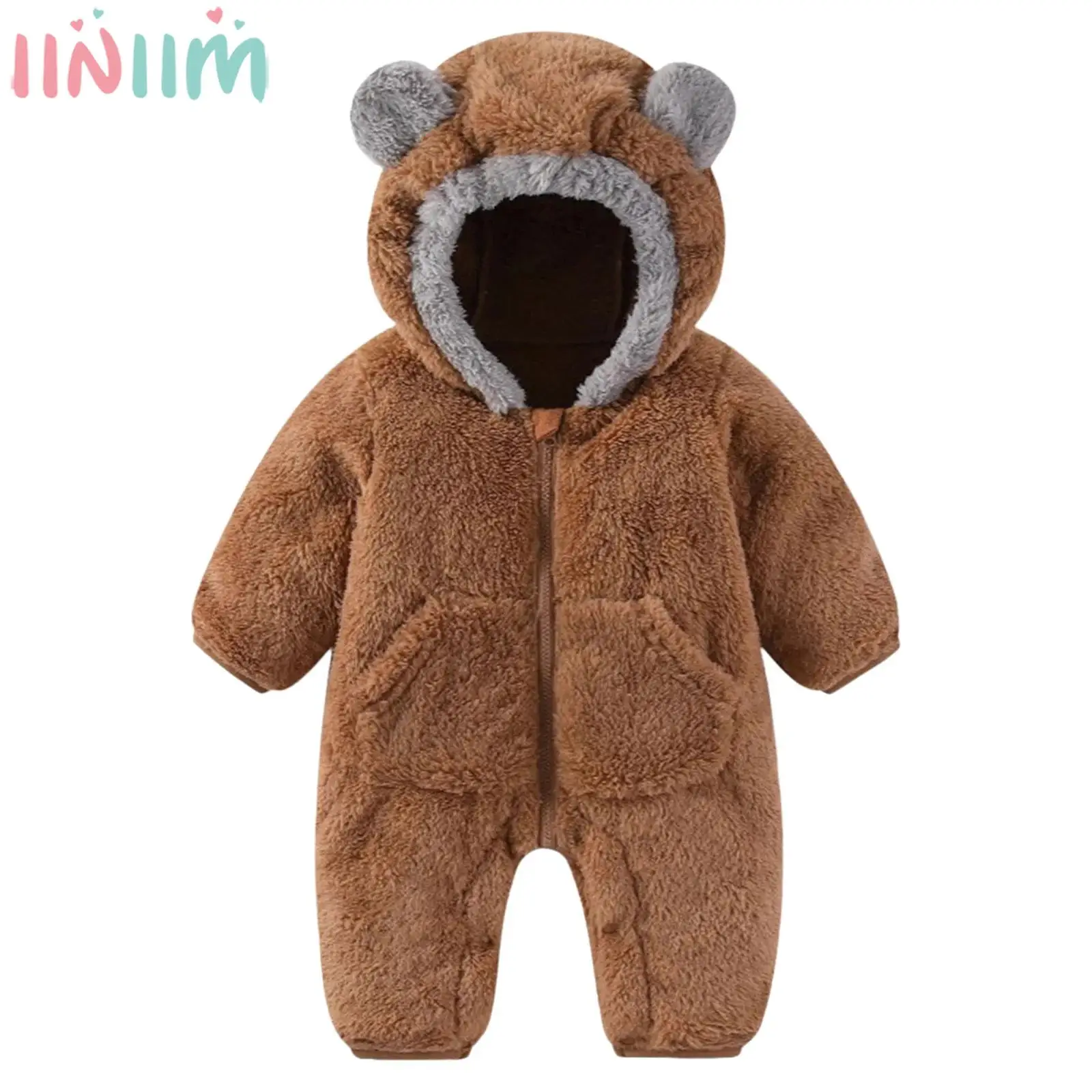 

Детские зимние теплые комбинезоны с капюшоном, толстый флисовый комбинезон на молнии с длинными рукавами, пальто, боди с плюшевым мишкой, верхняя одежда, повседневная одежда, домашняя одежда