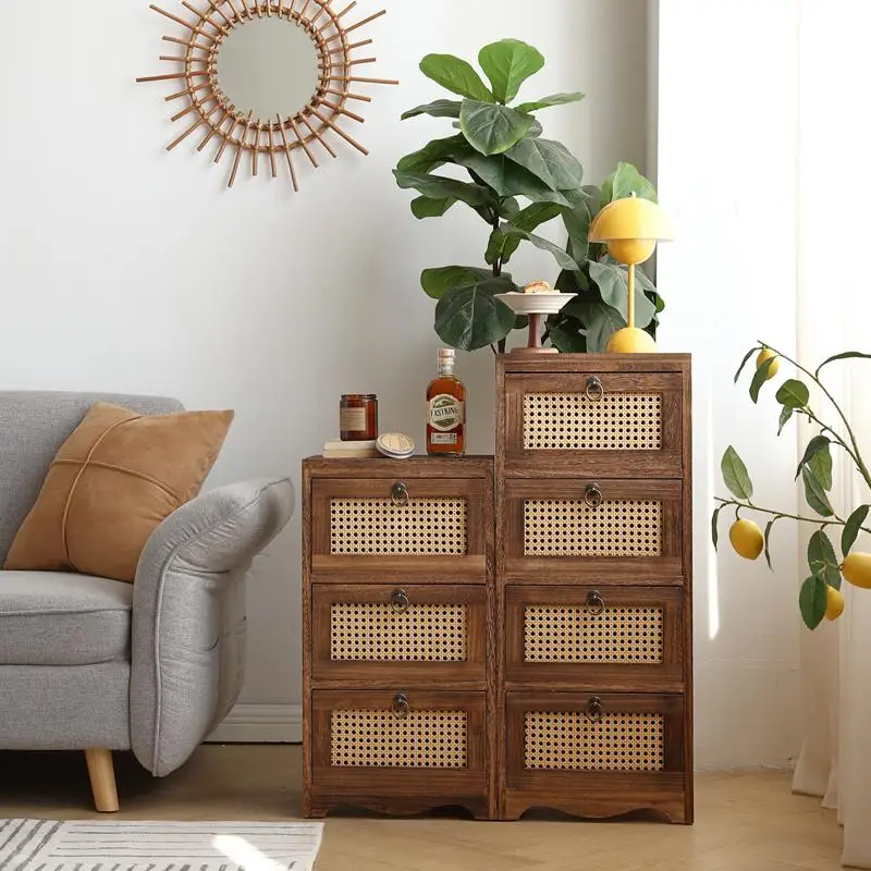 Vintage Rattan Weave Side Cabinet Ultra-Narrow Bedside Storage Solid Wood Drawer Organizer Mid-Century Nightstand for Bedroom