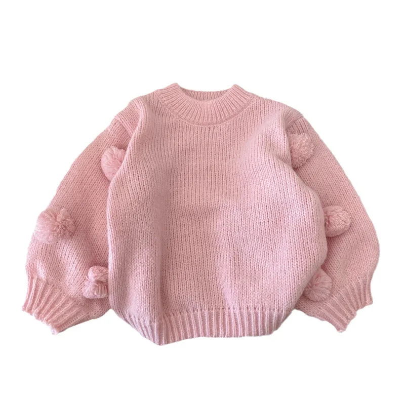 Girls\' sweater 2023 autumn new children\'s foreign style lantern sleeve hairball sweater baby thickened line winter clothing 1-9Y