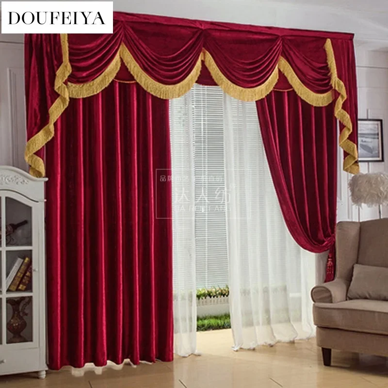 

European Luxury Wine Red Velvet Curtain Living Room Blackout Custom Tulle Valance Lace Palace Thicken Decoration Window Fabric