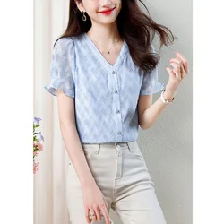 Women's 2024 New Summer Korean Version Crew Neck Button Spliced Fashion Slim Versatile Commuter Short Sleeve Chiffon Tops