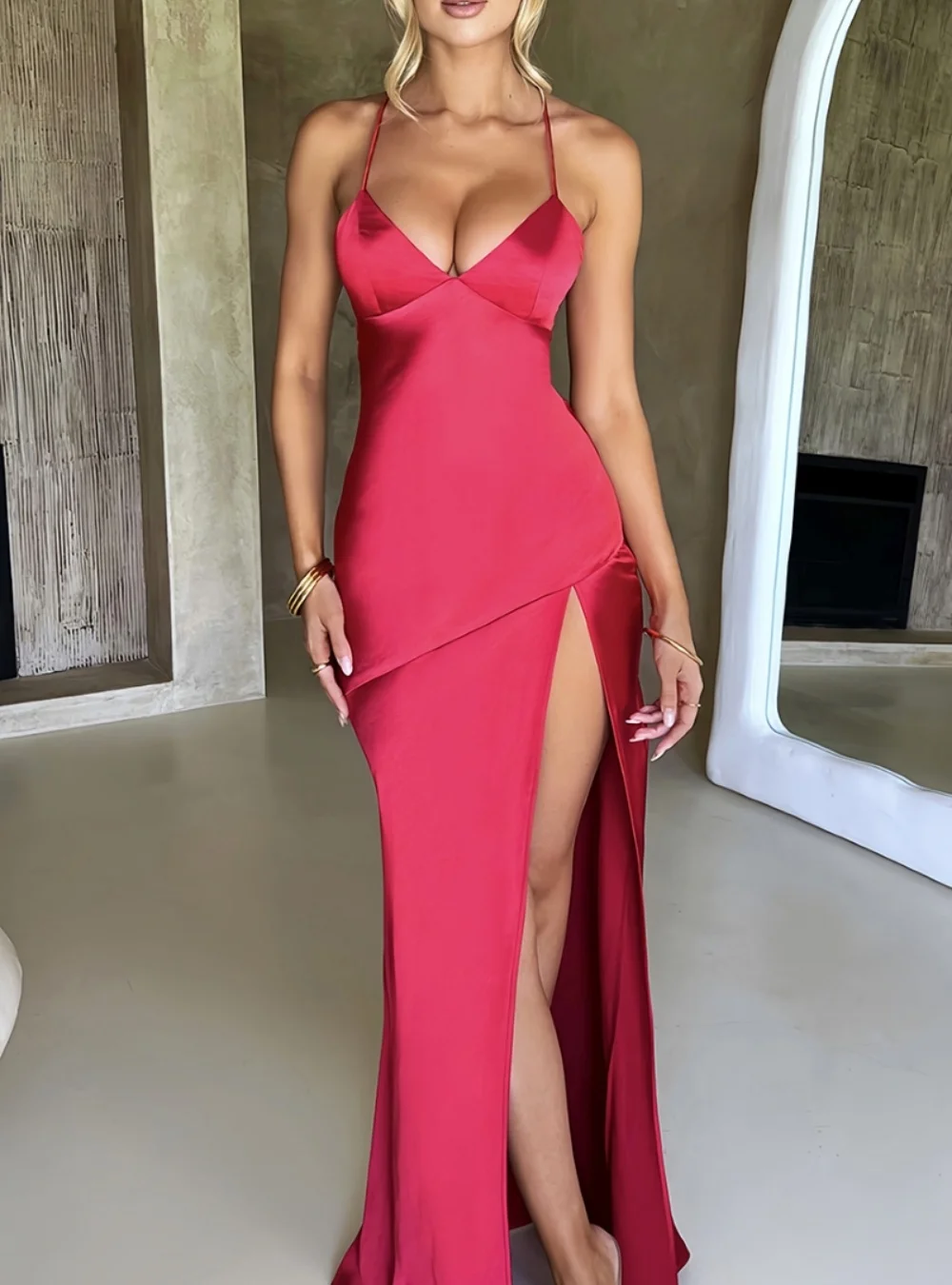 

Spaghetti-Strap Evening Dresses 2025 Sleeveless V-Neck Backless Mermaid Criss-Cross Floor-Length Wedding Guest Dress Customized