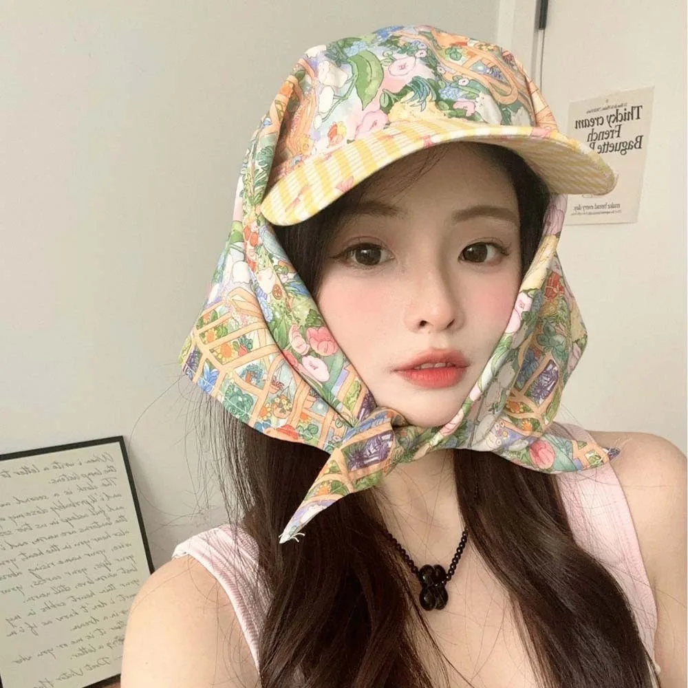 

Driving Rural Style Headscarf Baseball Hat Plaid Floral Scarf Peaked Cap Breathable Cotton Triangle Headscarf Hat Streetwear