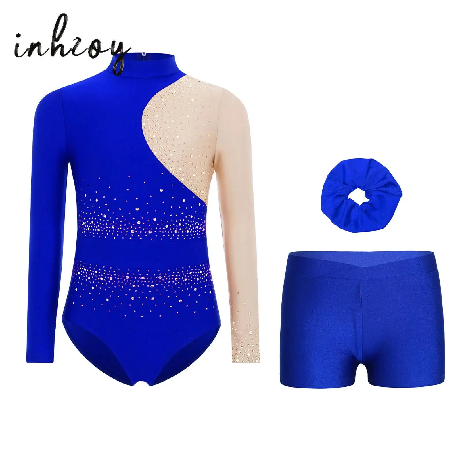 

Kids Girls Gymnastics Leotard Outfit 3-Piece Long Sleeves Shiny Rhinestones Color Block Skating Dance Leotard+Shorts+Hair Band