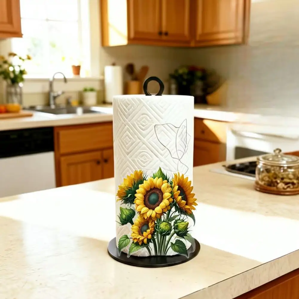 Sunflower Printed Paper Roll Stand Wooden Vertical Tissue Holder Decorative Organizer For Home Countertop