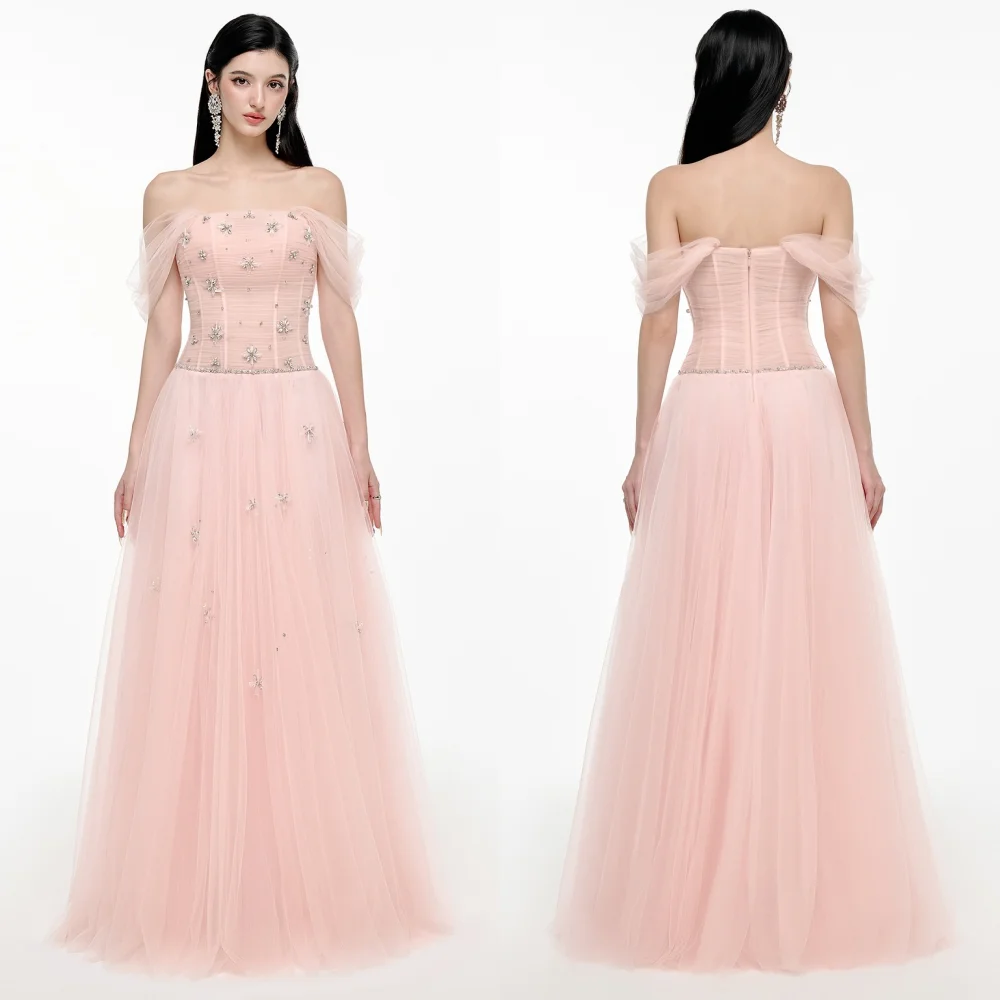 

Customized Exquisite Net Pleat Sequined A-line Off-the-shoulder Long Dresses Bespoke Occasion Celebrity High Quality